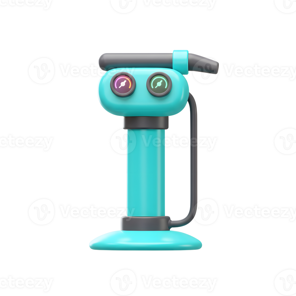 A cheerful teal air pump stands ready, its gauges glowing softly. A fun, cartoonish design with a hint of retro charm. png