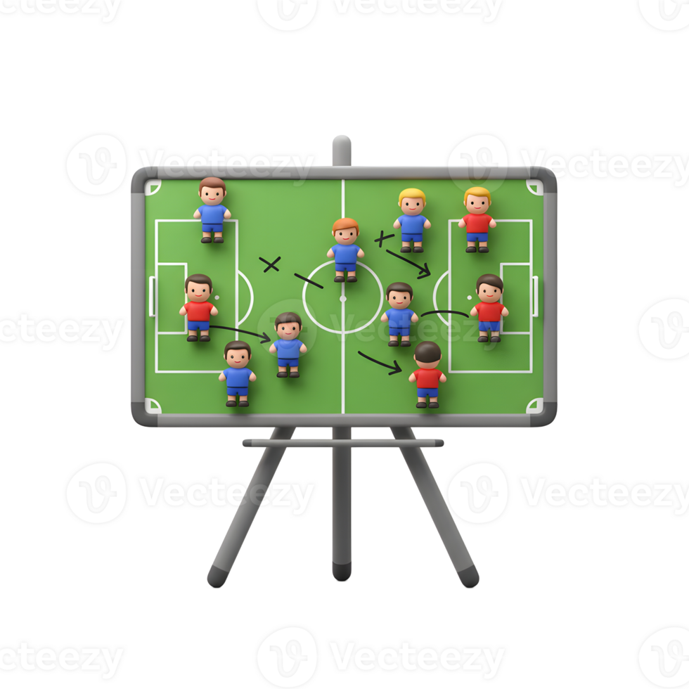 A whimsical whiteboard displays a cartoon soccer team's game plan. Miniature players, red and blue, illustrate strategic moves on a green field. Playful and engaging png