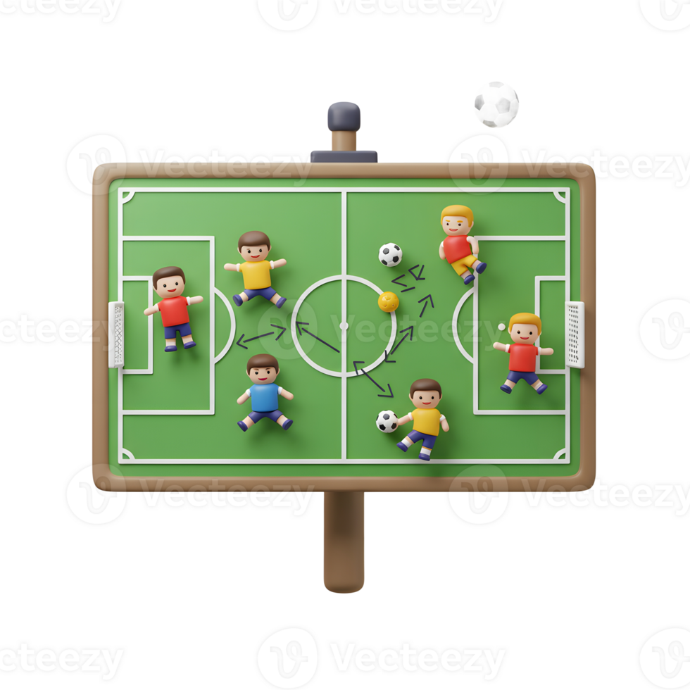 Adorable cartoon soccer players strategize on a miniature field. Their playful poses and hand-drawn arrows create a fun, lighthearted mood. png