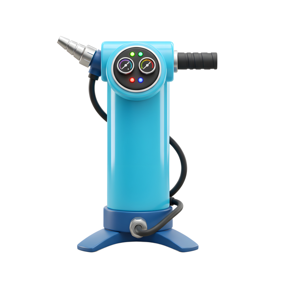 A stylish blue air pump stands ready, its gauges gleaming. The modern design and simple lines create a clean aesthetic. png