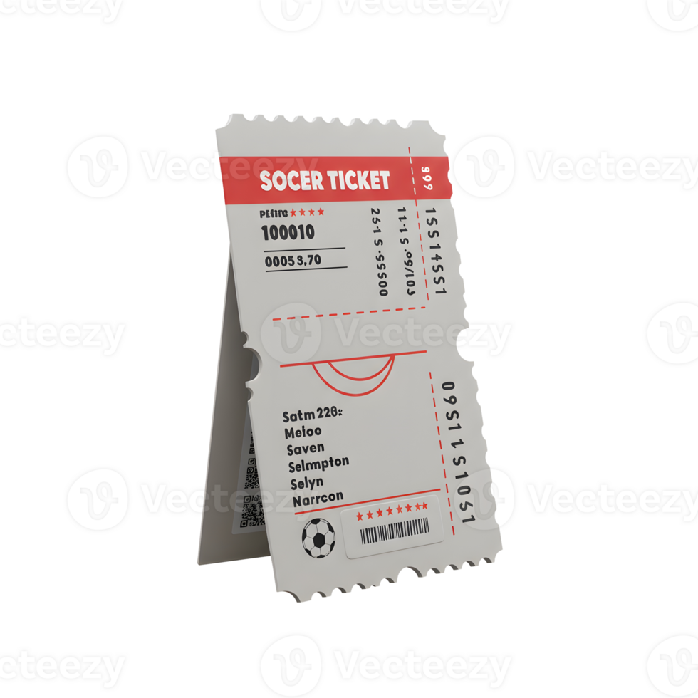 A realistic 3D rendering of a soccer ticket. The gray ticket features red details, showcasing game information, seat numbers, and a small soccer ball icon. Simple and clean design. png