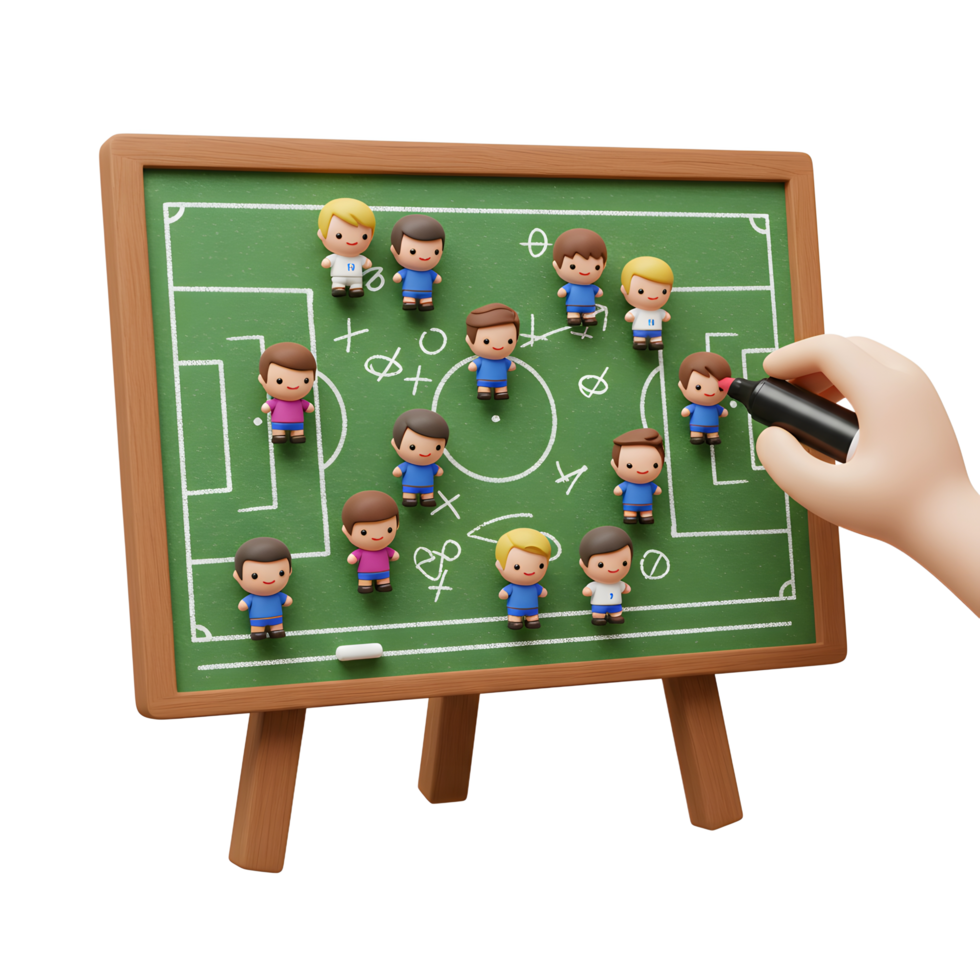 Adorable cartoon soccer players arranged on a chalkboard game plan. A hand adds final touches, creating a playful, strategic scene. png