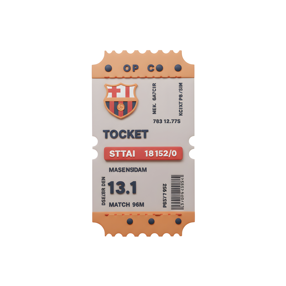 A charming 3D-rendered image showcases a whimsical FC Barcelona match ticket, complete with team logo and ticket details. The soft color palette and rounded edges exude a playful, nostalgic feel. png