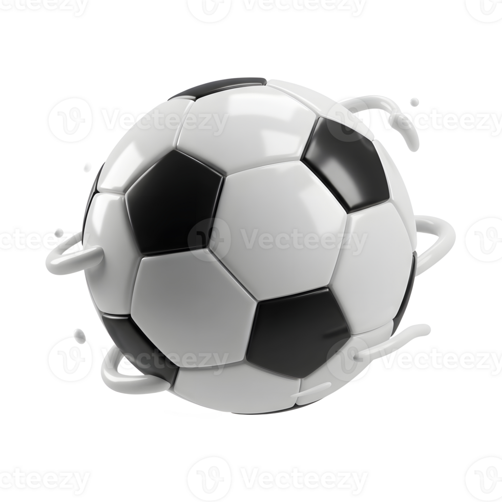 A sleek soccer ball seems to float, encircled by swirling liquid. The glossy finish and dynamic motion create an energetic, modern feel. png