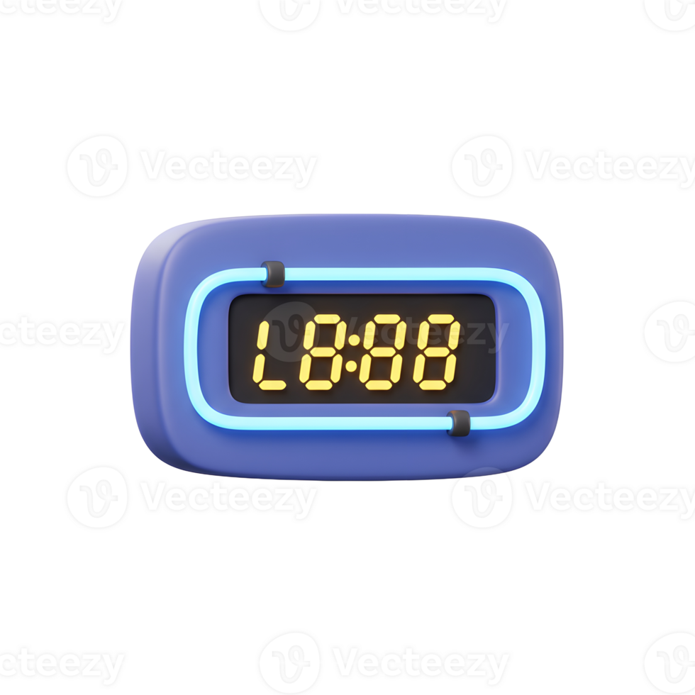 A stylish retro digital clock with a vibrant neon blue frame and a bright yellow LED display. The smooth, rounded design creates a calming, modern vibe. png