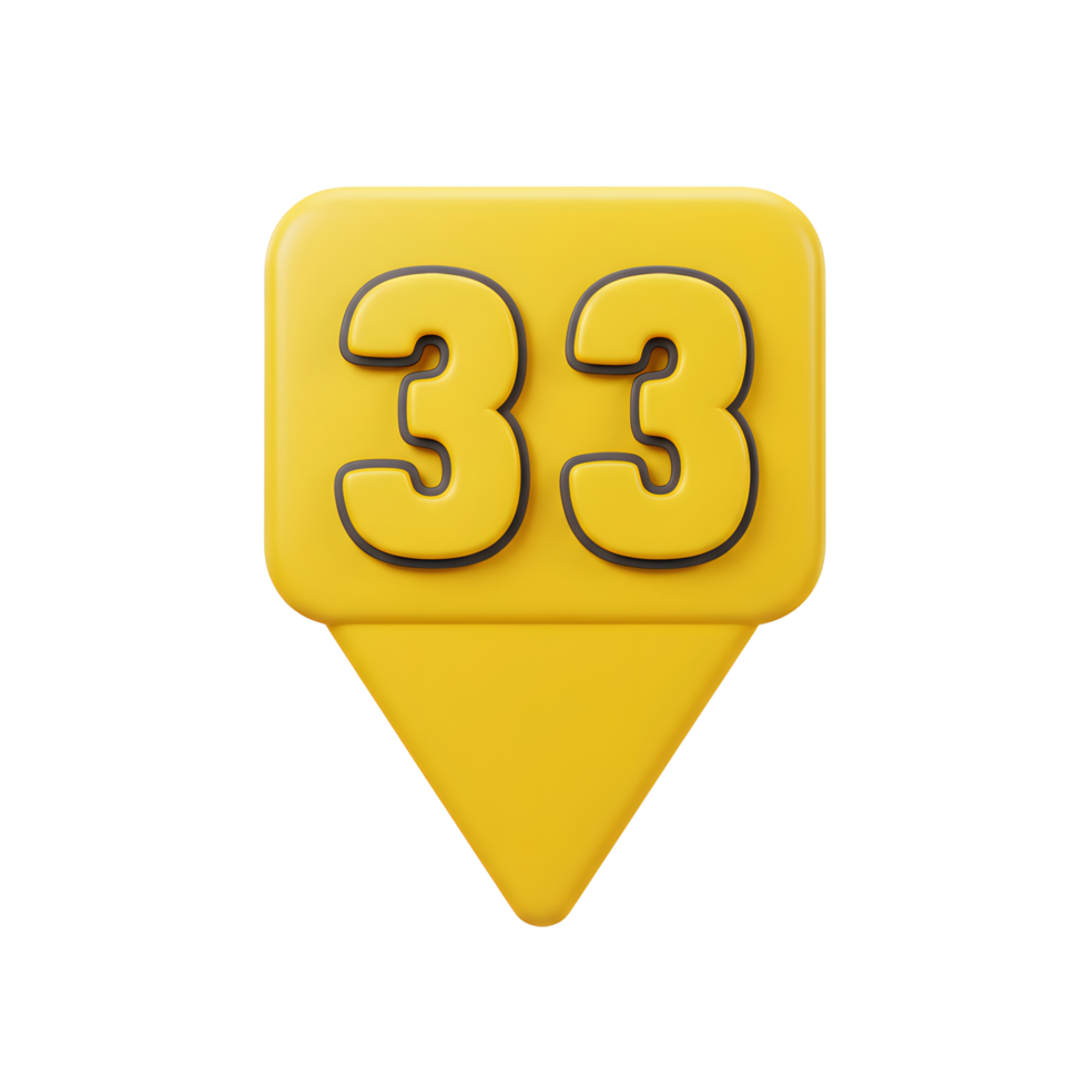 A cheerful, bright yellow 3D marker displays the number 33. The bold, cartoonish numerals pop against the sunny background, creating a playful and friendly vibe. png