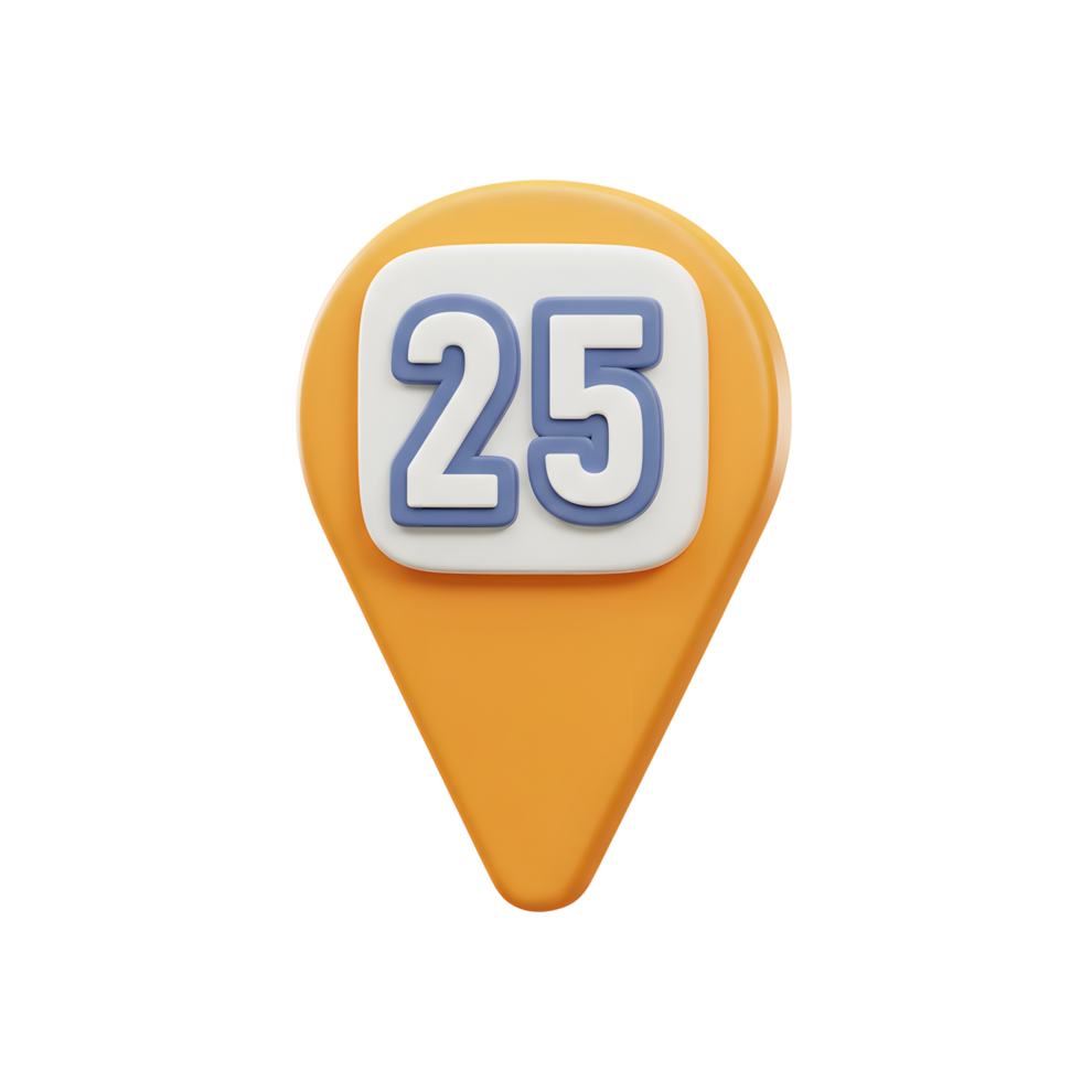 A cheerful orange map pin features the number 25 in a playful, slightly embossed 3D style. Clean, modern, and friendly. png