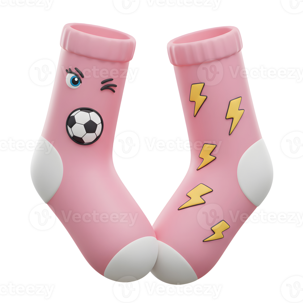 Adorable pink socks with playful designs One features a winking eye and soccer ball, the other, bright yellow lightning bolts. A cheerful, fun vibe png