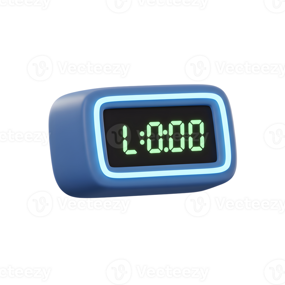 A stylish blue digital clock glows with neon light, displaying midnight. Simple, retro design with a calming, futuristic vibe. png