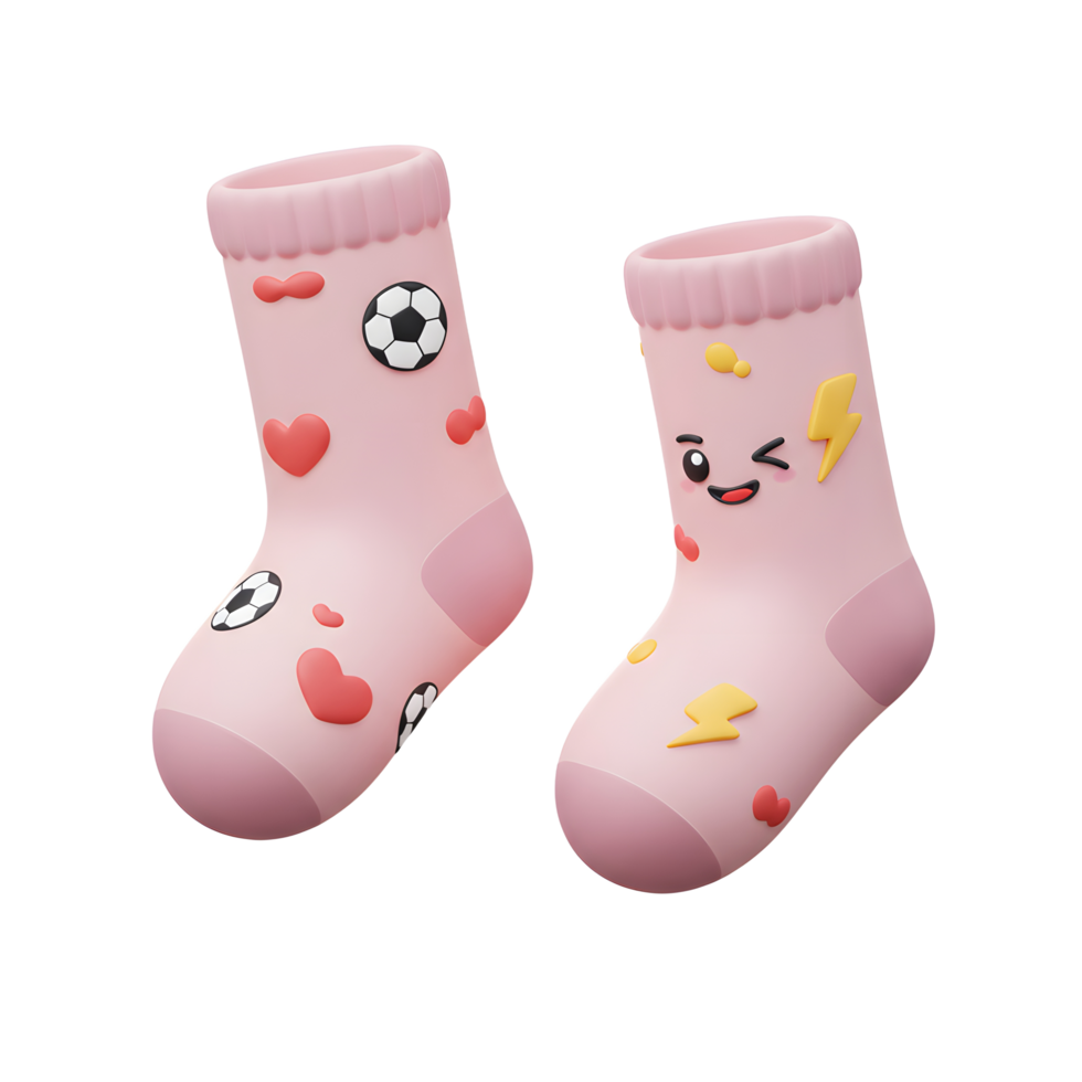 Two cute pink baby socks, one with hearts and soccer balls, the other with a winking face and lightning bolts, leap into view in this cheerful 3D render. png