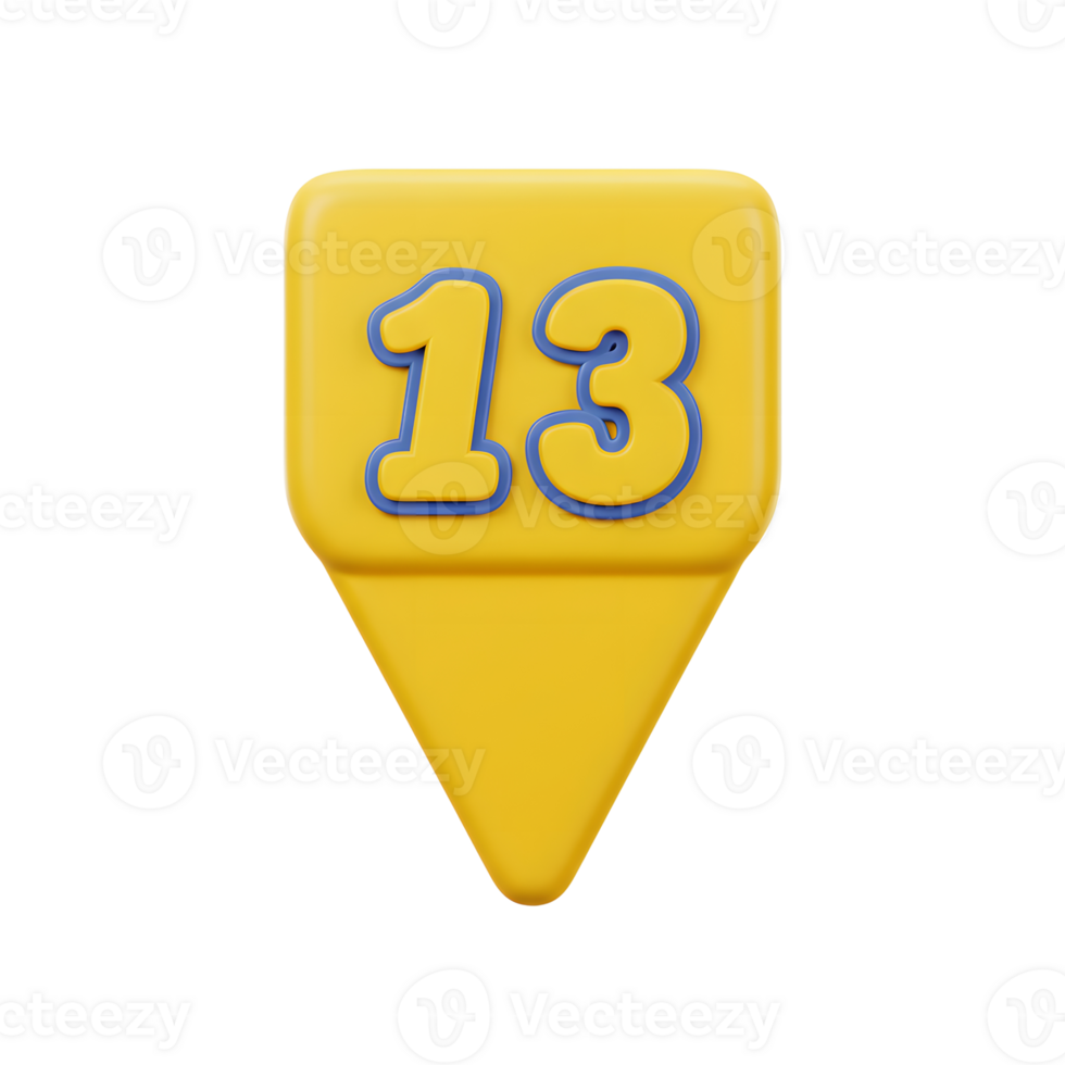 A cheerful, yellow marker displays the number 13 in a bold, 3D style. The playful design features rounded numbers with a blue outline, creating a fun and friendly vibe. png