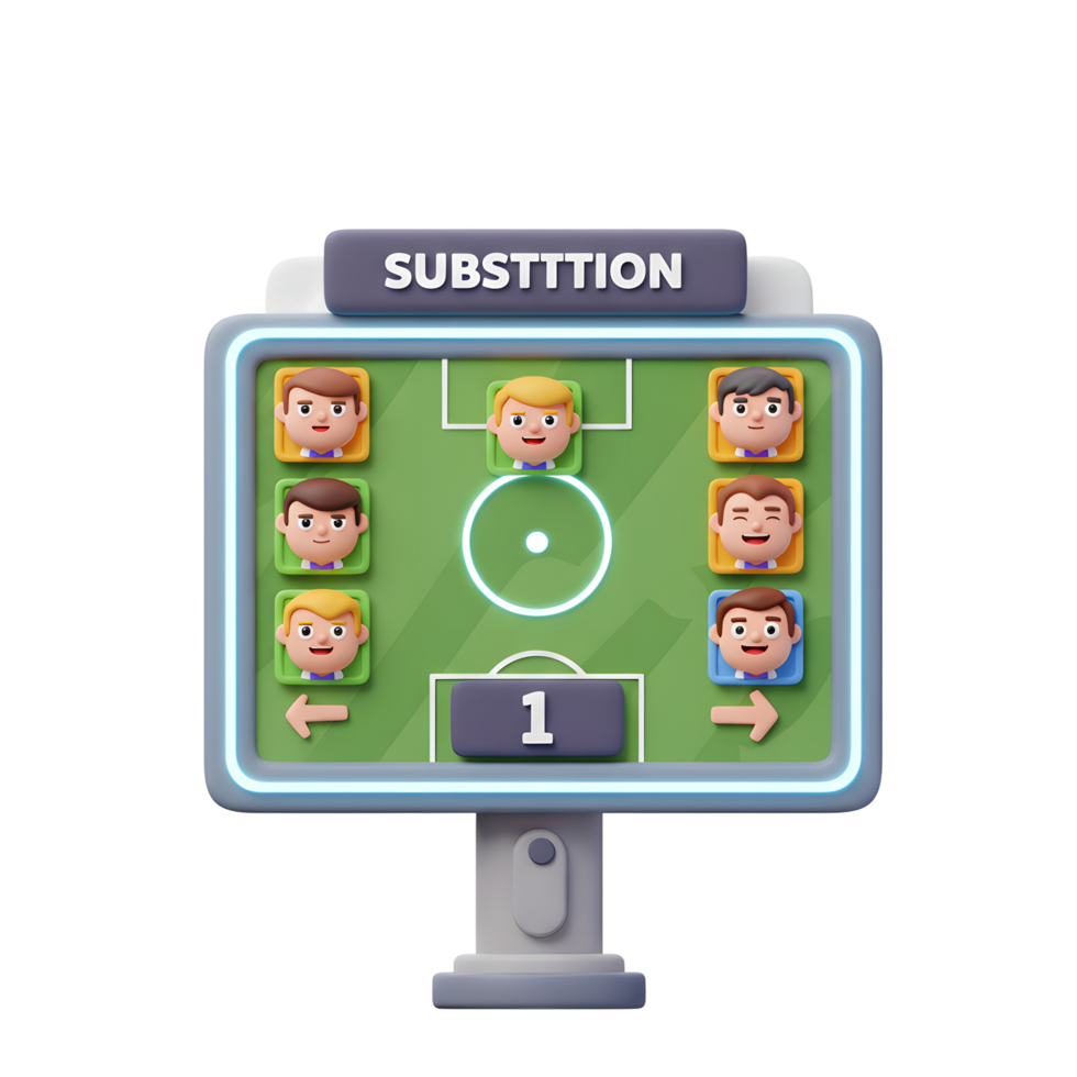 A cheerful 3D-rendered soccer substitution board shows cartoon players ready for a swap. The vibrant green field and player portraits create a fun, engaging scene. png