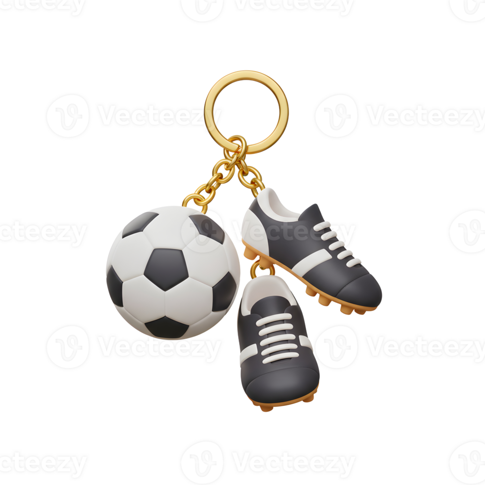 A charming keychain features a miniature soccer ball and cleats, playfully dangling from a gold chain. The 3D style adds a fun, sporty touch. png