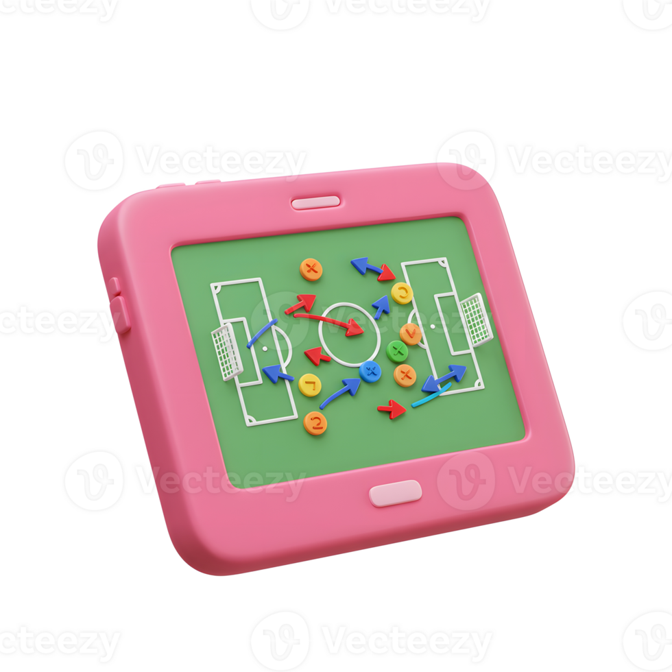 A vibrant pink tablet displays a playful 3D soccer strategy. Colorful arrows and markers illustrate a dynamic game plan on a miniature green field. Fun and engaging png