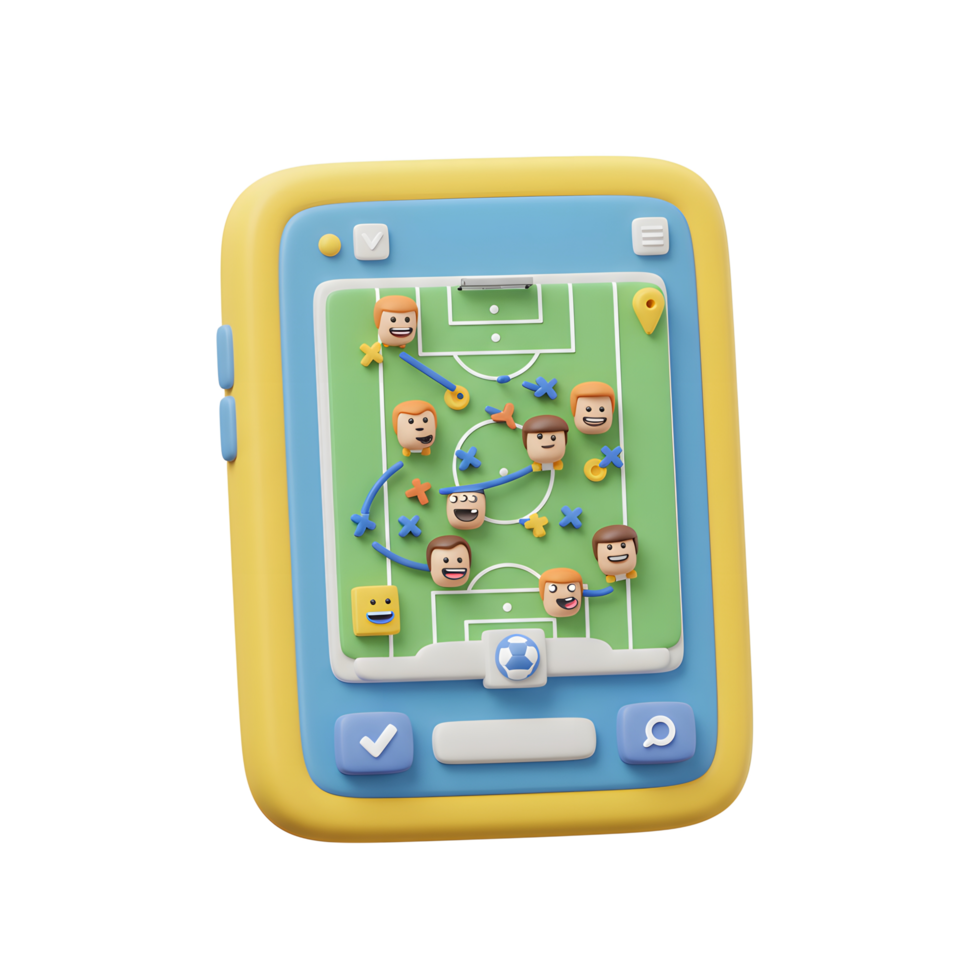 A cheerful 3D cartoon app displays a soccer strategy on a smartphone screen. Smiling player emojis mark positions on a vibrant green field. Fun and engaging png