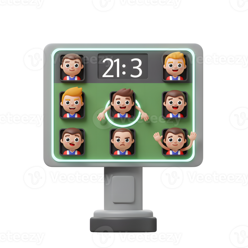 A fun cartoonish 3D scoreboard shows a soccer game score and lively player avatars. The playful design creates a lighthearted and engaging visual. png