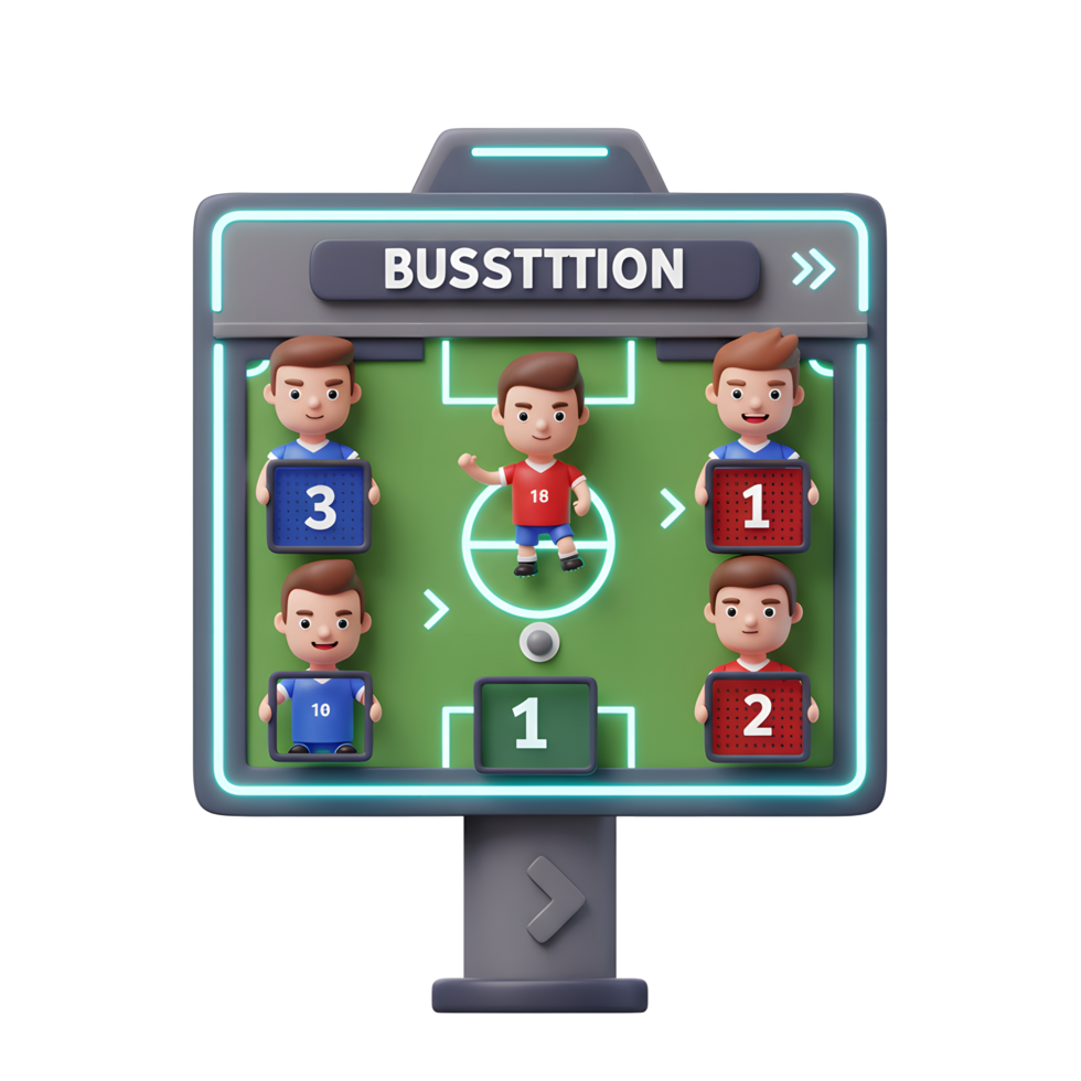 A cheerful 3D rendering shows a soccer team lineup on a neon-lit board. Cartoon players hold numbers, adding a playful vibe to the digital formation. png