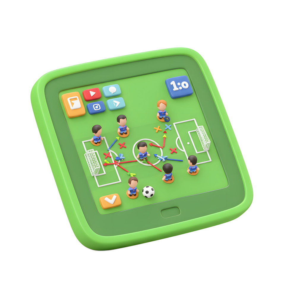 A playful 3D-rendered scene shows a tablet displaying a soccer game strategy. Miniature players and arrows illustrate a game plan on a vibrant green field. Fun and engaging png