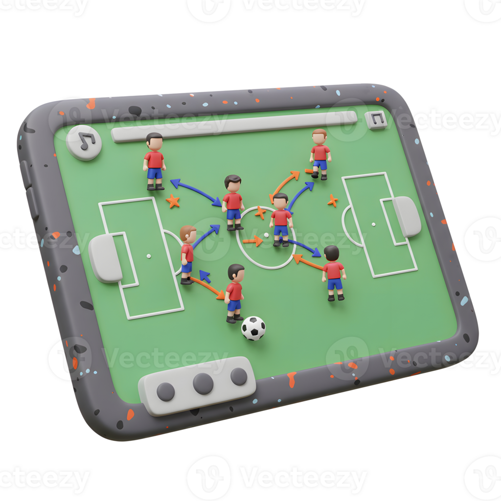 A playful digital soccer playbook unfolds on a tablet screen, showcasing miniature players in vibrant uniforms, strategically maneuvering across the field in a charming, cartoonish style. png