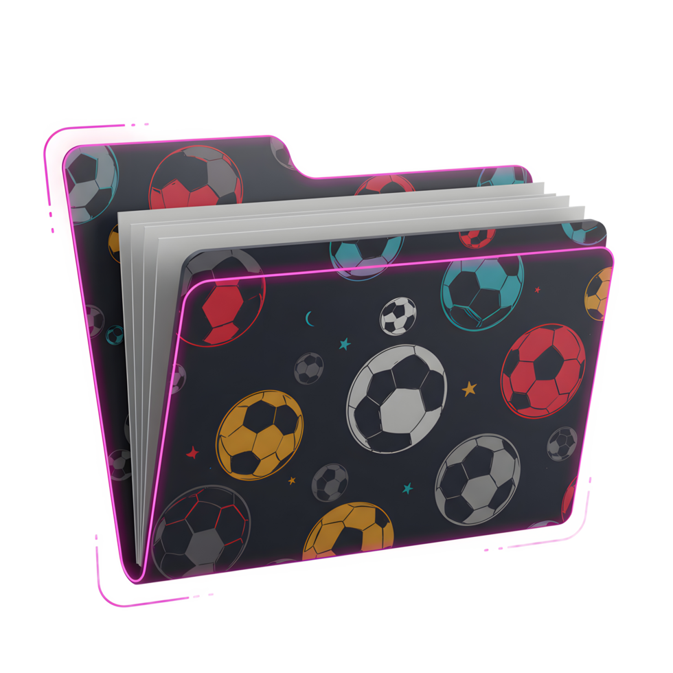 A playful file folder bursts with colorful soccer balls on a dark background. The design is energetic and fun, perfect for sports fans png