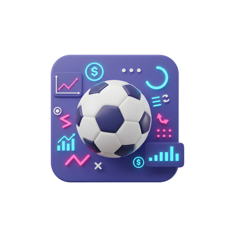 A vibrant 3D soccer ball icon sits on a purple app interface, surrounded by neon financial charts and symbols. It's energetic and modern. png