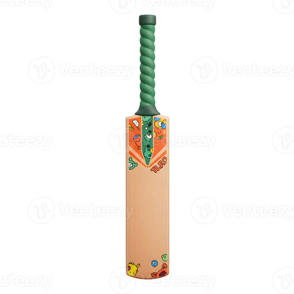 A cheerful cricket bat featuring a vibrant orange design with playful cartoon characters. Green handle, fun details png