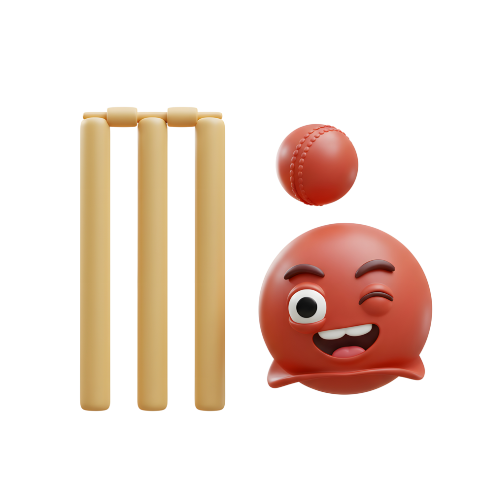 A mischievous cricket ball emoji winks playfully near wickets. The scene is bright and cheerful, full of fun and energy. Perfect for sports fans png