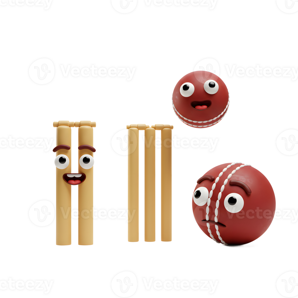 Cheerful cartoon cricket balls approach wickets with expressive faces. A fun, lighthearted 3D animation style creates a charming mood. png