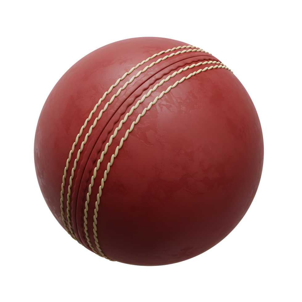 A classic red cricket ball, its textured surface and cream stitching vividly depicted. The image conveys a sense of readiness and potential action. png