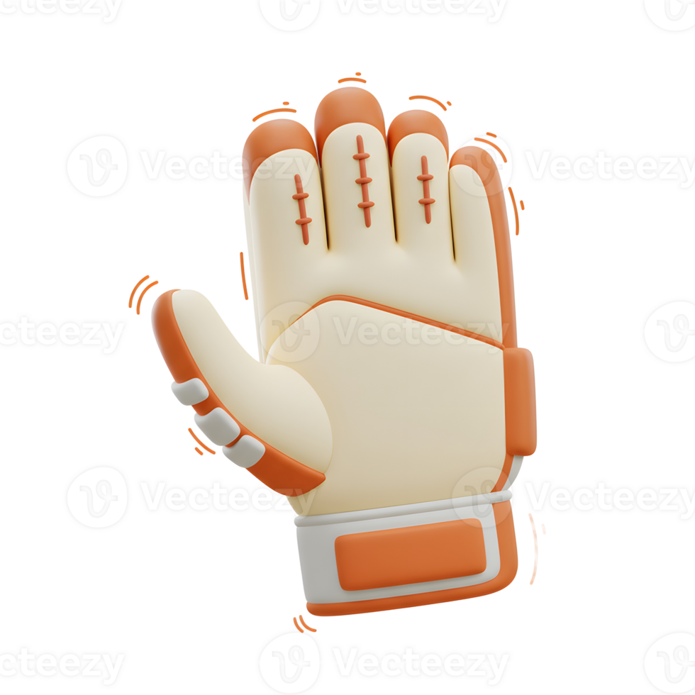 A playful 3D render of a goalkeeper's glove, showcasing a creamy beige palm and vibrant burnt orange accents. The cheerful style adds a fun touch. png