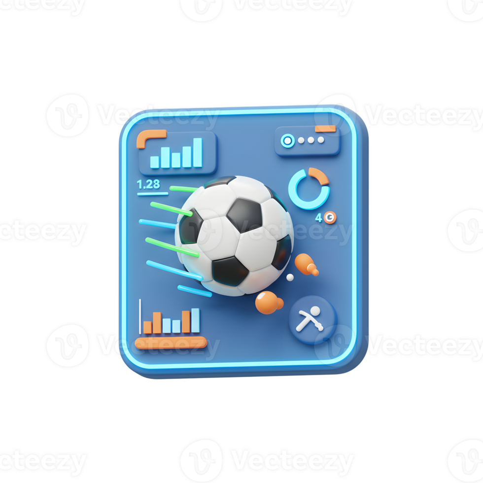 A lively 3D soccer ball bursts onto a blue app screen, surrounded by colorful data graphics, creating an energetic and modern feel. png