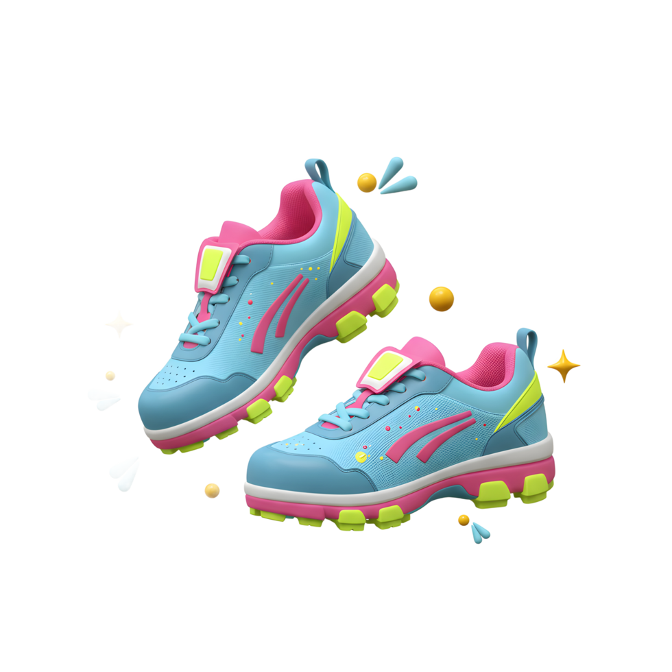 Leaping with joy These vibrant blue and pink sneakers are ready for fun, featuring a playful design and comfortable fit. Perfect for energetic kids png