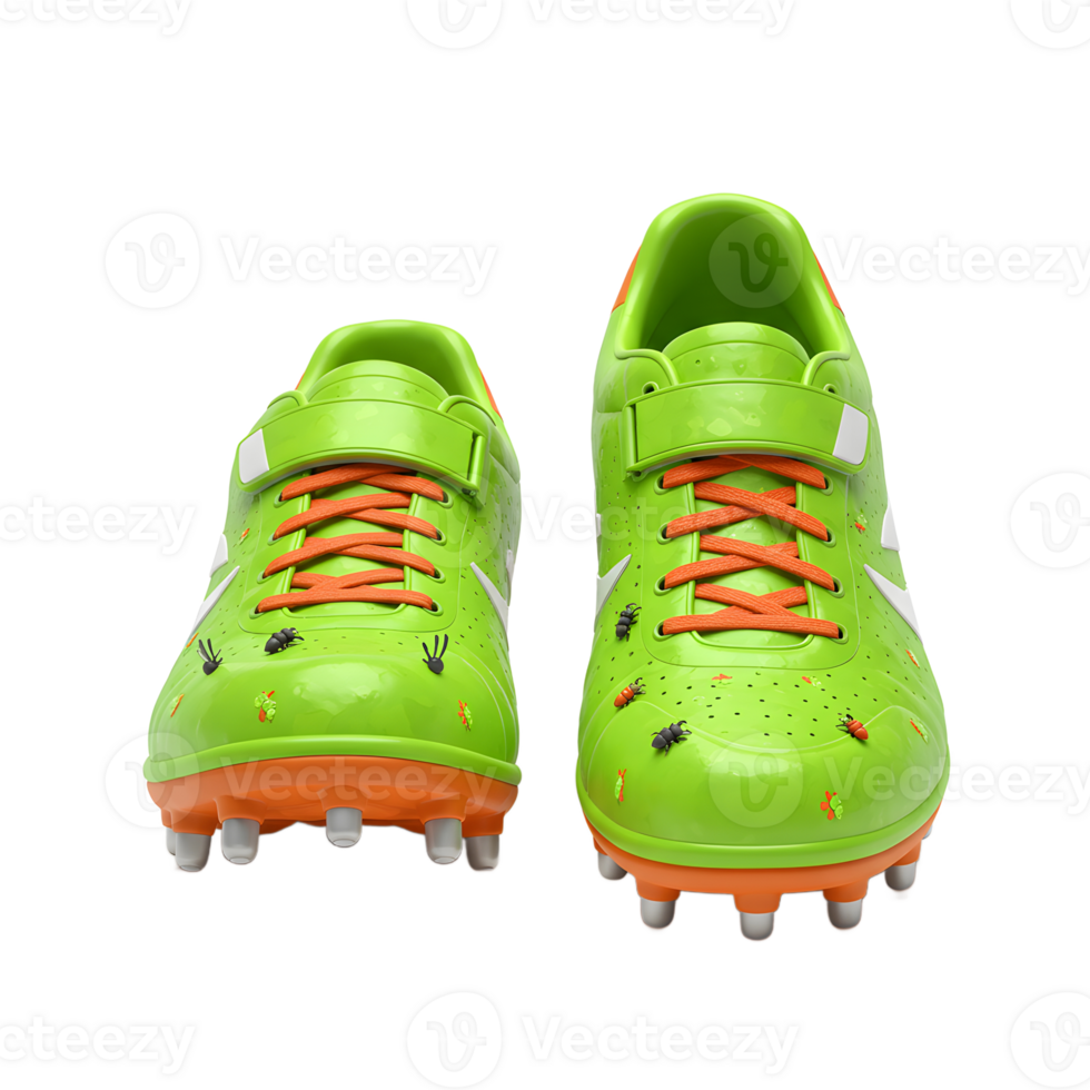 A pair of bright lime green soccer cleats, adorned with tiny insects, sits against a stark white background. The whimsical design creates a playful and slightly quirky mood. png