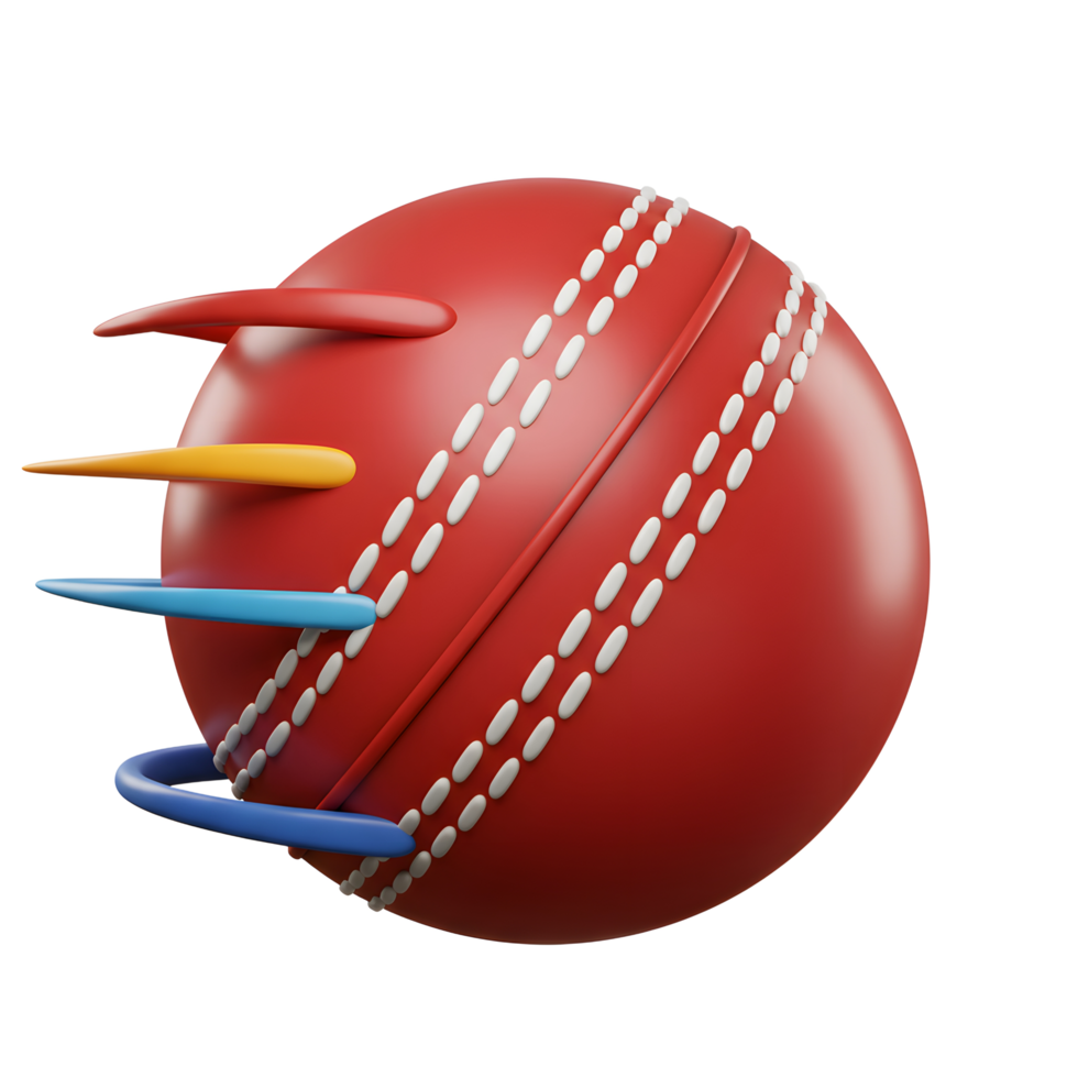 A vibrant red cricket ball takes center stage, adorned with dynamic, colorful extensions. Its classic stitching contrasts beautifully against the bold hues, creating a playful and energetic image. png