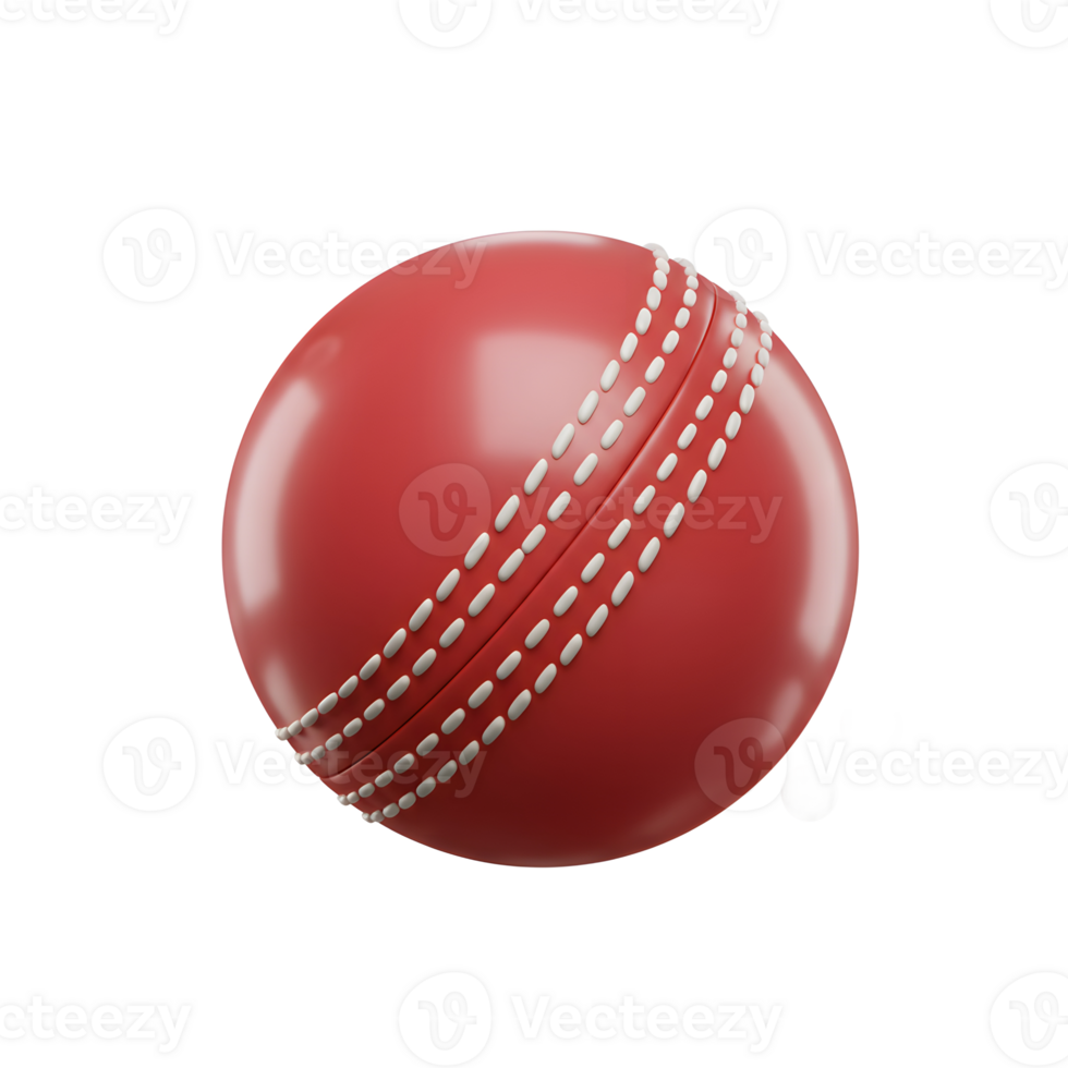 A vibrant red cricket ball, gleaming with a smooth finish, rests against a stark white background. Small white spheres float nearby, adding a touch of playful minimalism. png