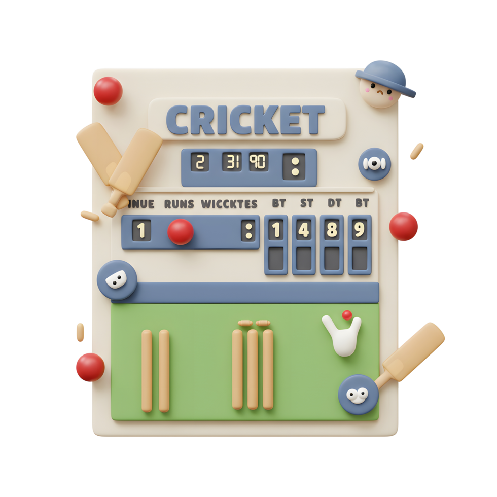 A charming 3D cartoon cricket scoreboard bursts with playful energy Bats, balls, and a cute cricketer adorn this fun, retro-styled design. png