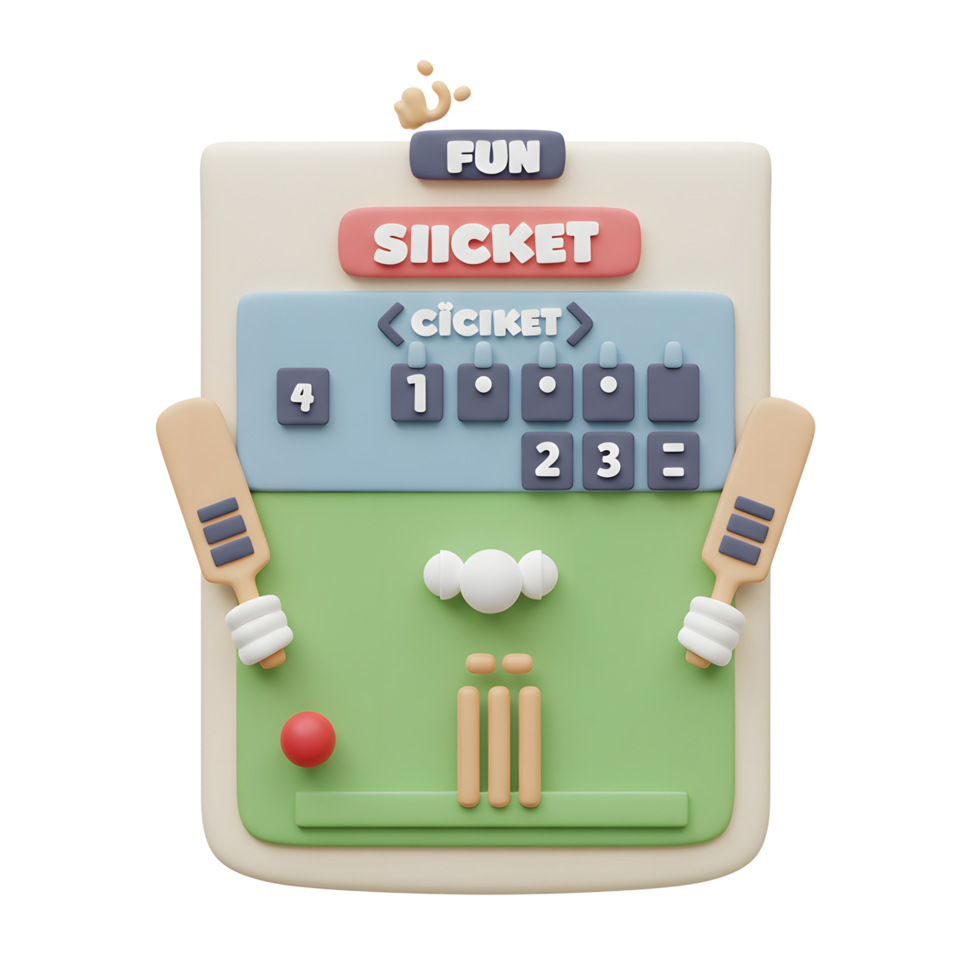 A charming 3D rendering of a cricket game scoreboard. Pastel colors and playful design create a fun, lighthearted mood. Bats, ball, wickets, and score are clearly displayed. png