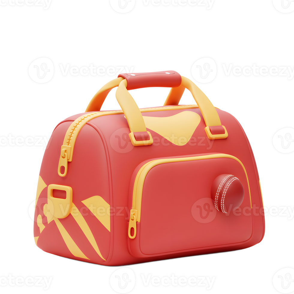 A cheerful red and yellow duffel bag, perfect for the cricket enthusiast, sits ready for action. A cricket ball rests casually near the zipper, adding a playful touch. png