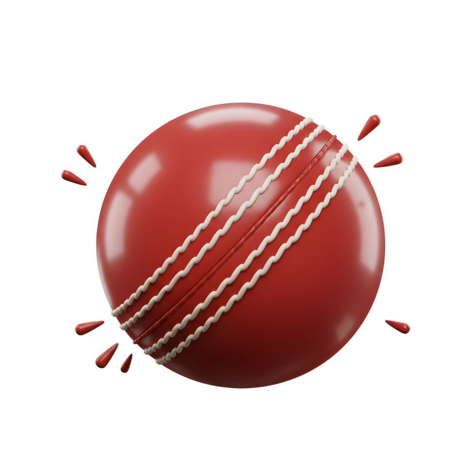 A vibrant red cricket ball, gleaming with a glossy finish, features crisp white stitching. Dynamic red splatters add playful energy. png