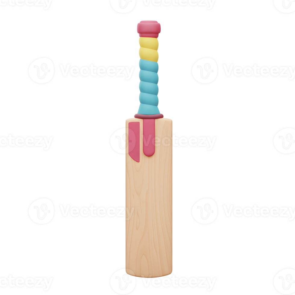 A whimsical 3D rendering of a cricket bat boasts a vibrant pastel handle and a classic wooden body, creating a cheerful and playful image. png