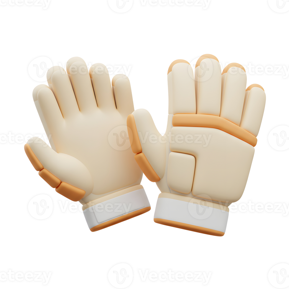 A delightful pair of cartoonish goalkeeper gloves, creamy white with peach accents, sits against a stark white background. Their playful design evokes a sense of fun and lightheartedness. png