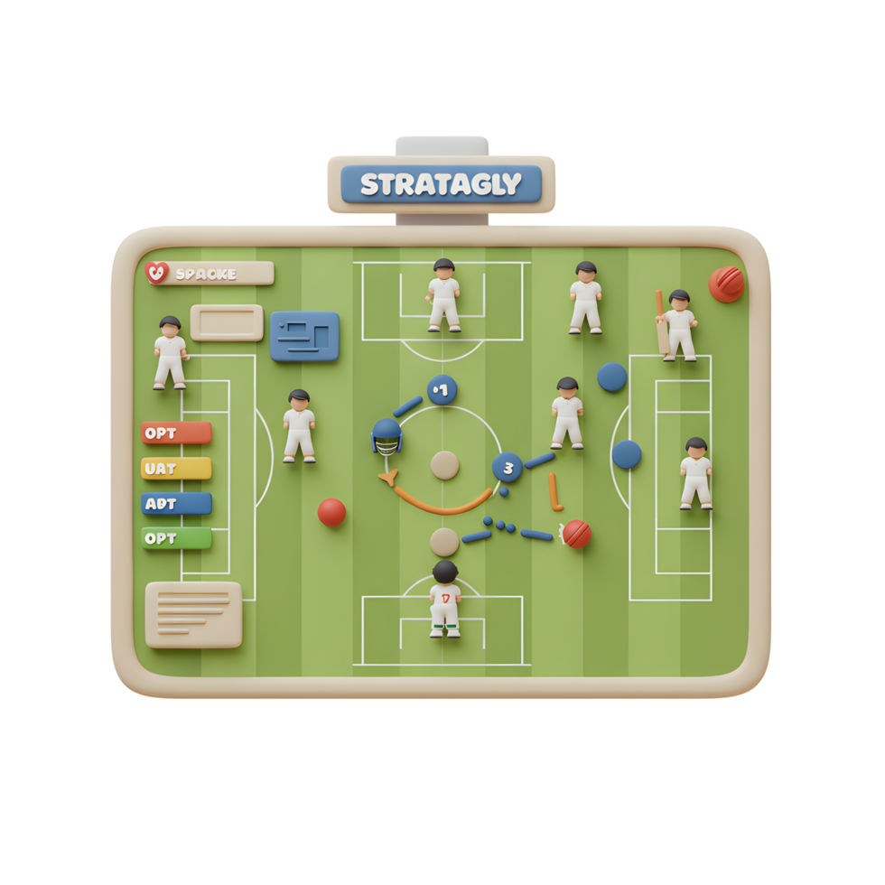 A playful 3D cartoon cricket strategy board showcases a dynamic match. Players' positions are marked with playful color-coding, enhancing the visual appeal. png