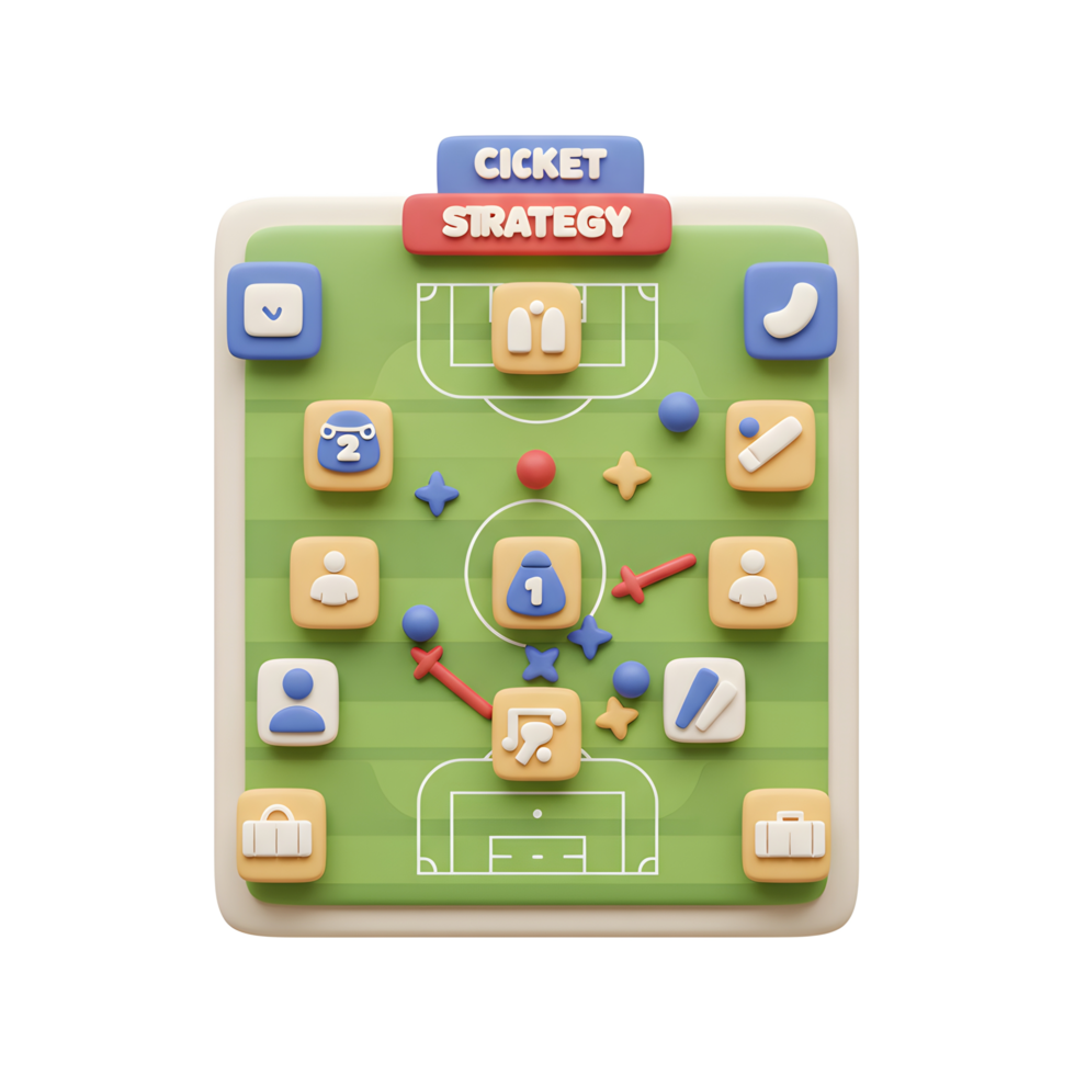 A cheerful 3D render shows a cricket strategy app interface. Game plan icons playfully dot a virtual field, creating a fun and engaging visual. png