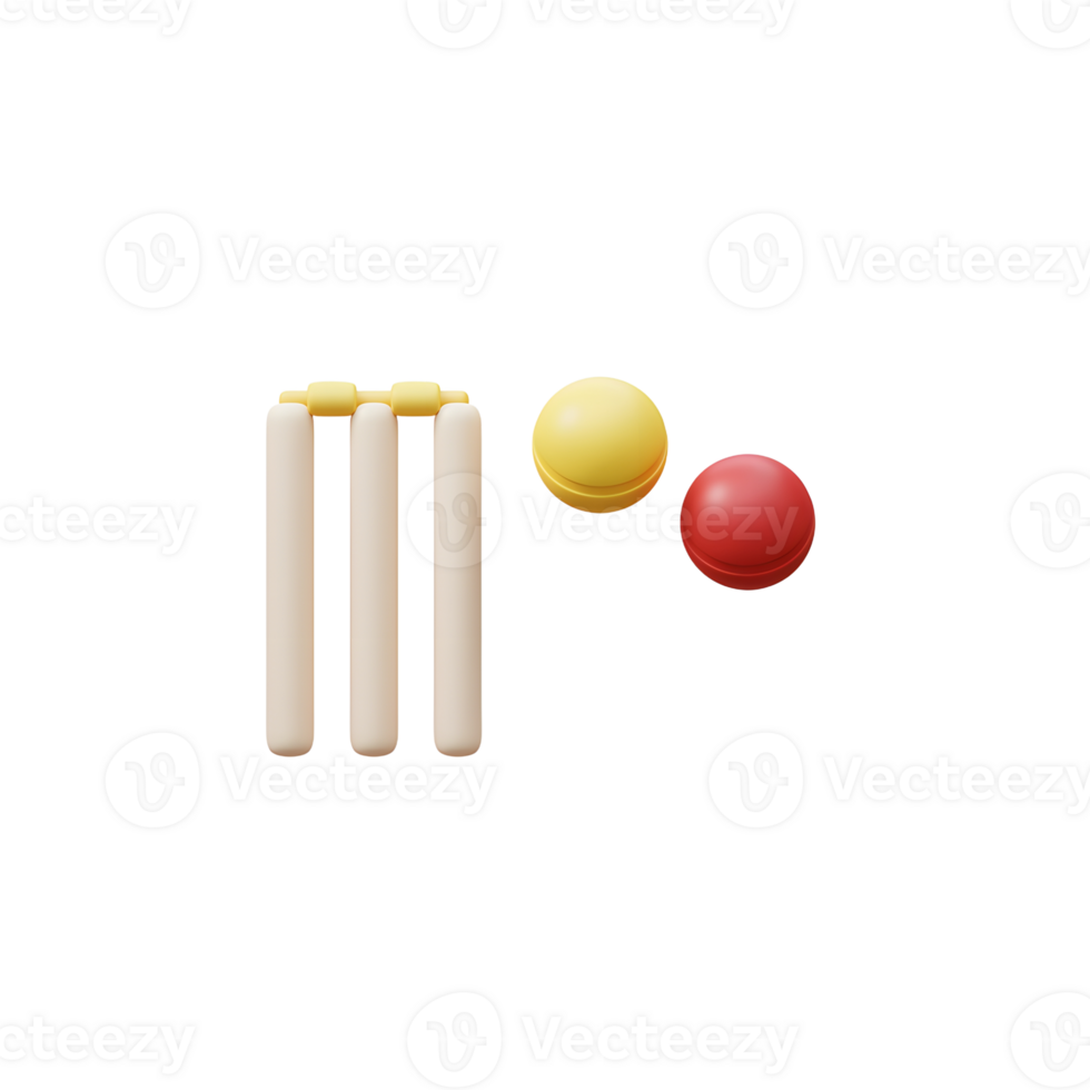 A cheerful 3D rendering showcases cricket wickets and two colorful balls poised for action. The scene evokes a sense of playful anticipation. png