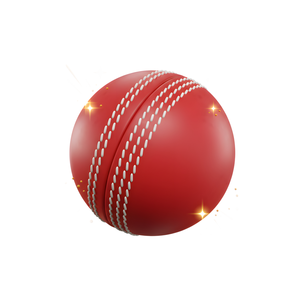 A gleaming red cricket ball, rendered in 3D, is encircled by golden sparkles, creating a celebratory and dynamic image. png