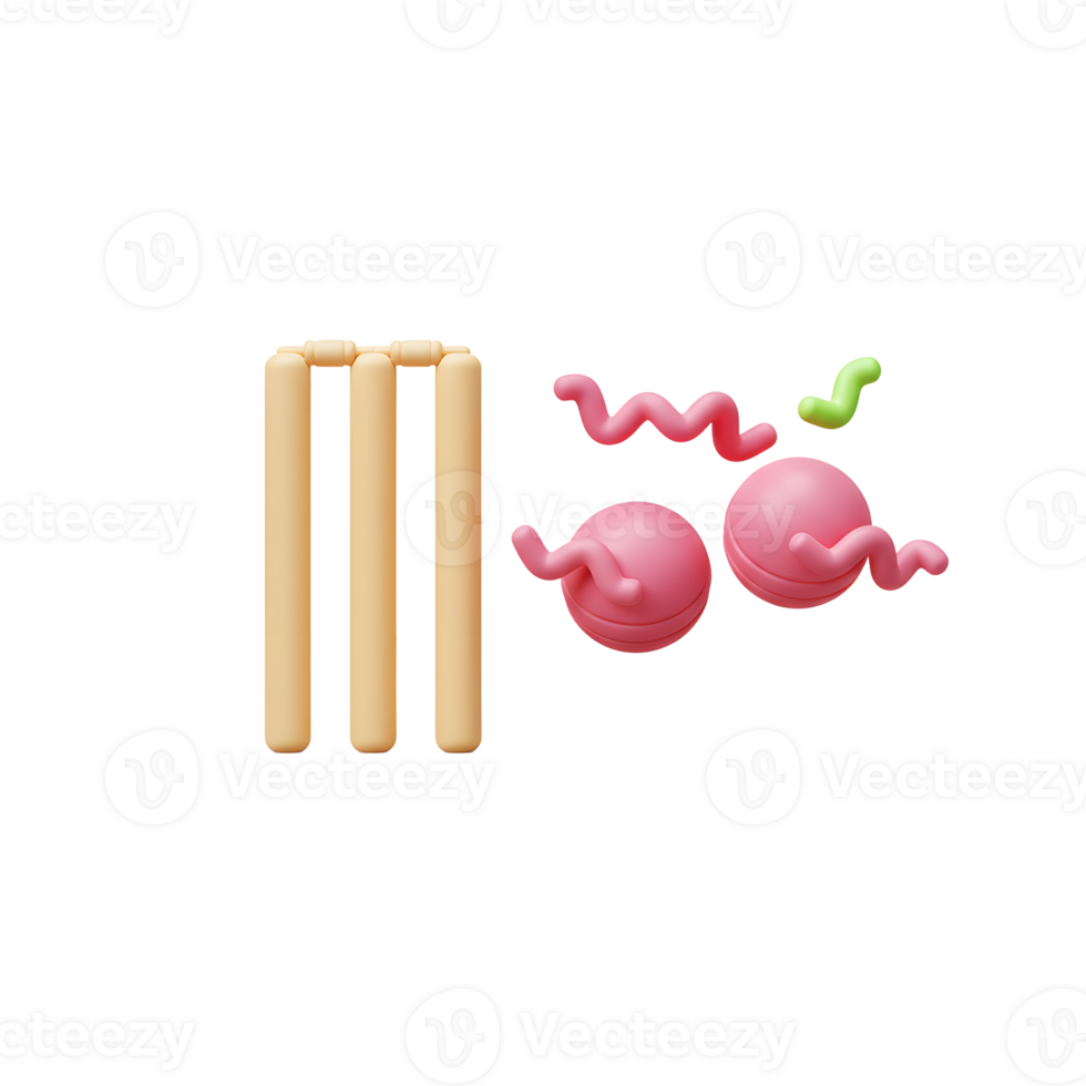 Sweet pink balls playfully zoom past cricket wickets, creating a lighthearted and fun 3D-rendered scene. The pastel colors add to the charming mood. png