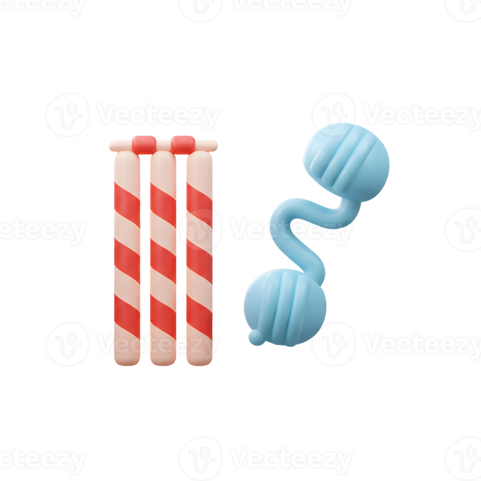 Adorable 3D render of candy-striped cricket wickets and light blue, playfully swirling balls. A sweet, fun image png