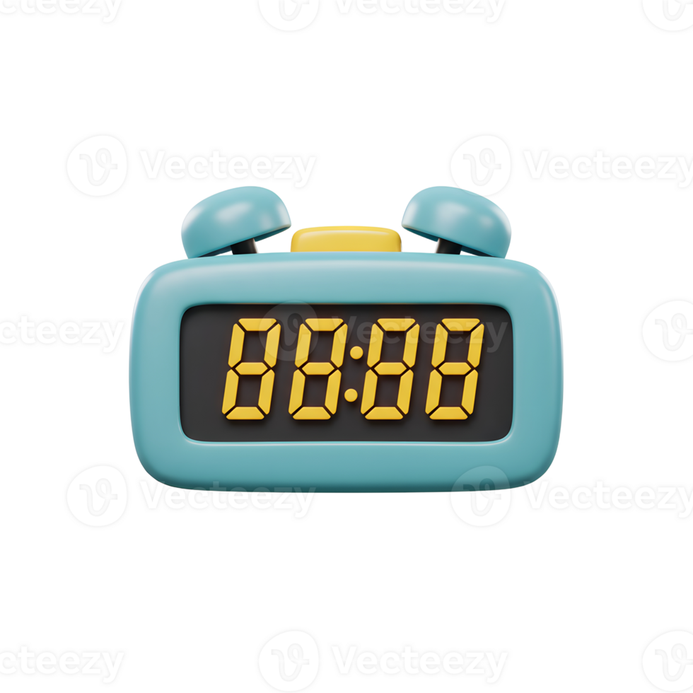 A charming teal digital alarm clock, its rounded form and bright yellow numbers creating a cheerful, retro vibe. png