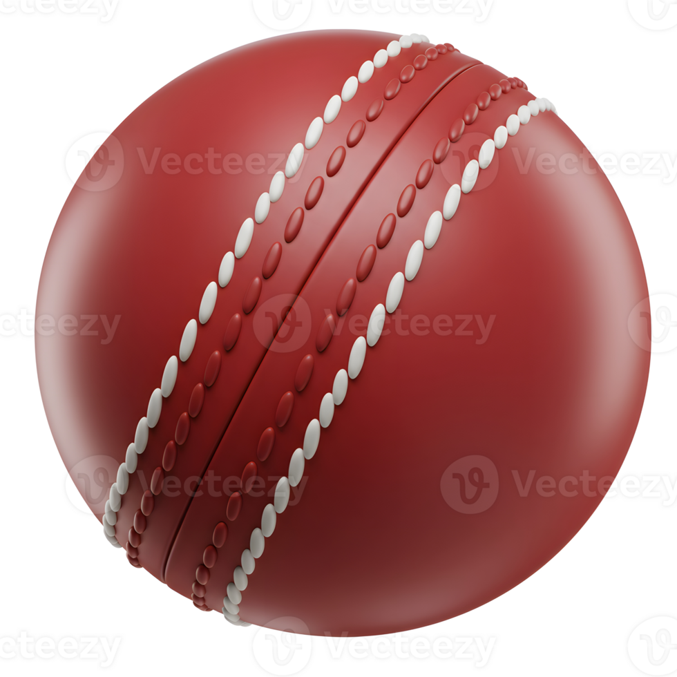 A classic red cricket ball, meticulously detailed, sits against a stark white background. The ball's smooth surface and crisp white stitching are highlighted, creating a striking visual. png