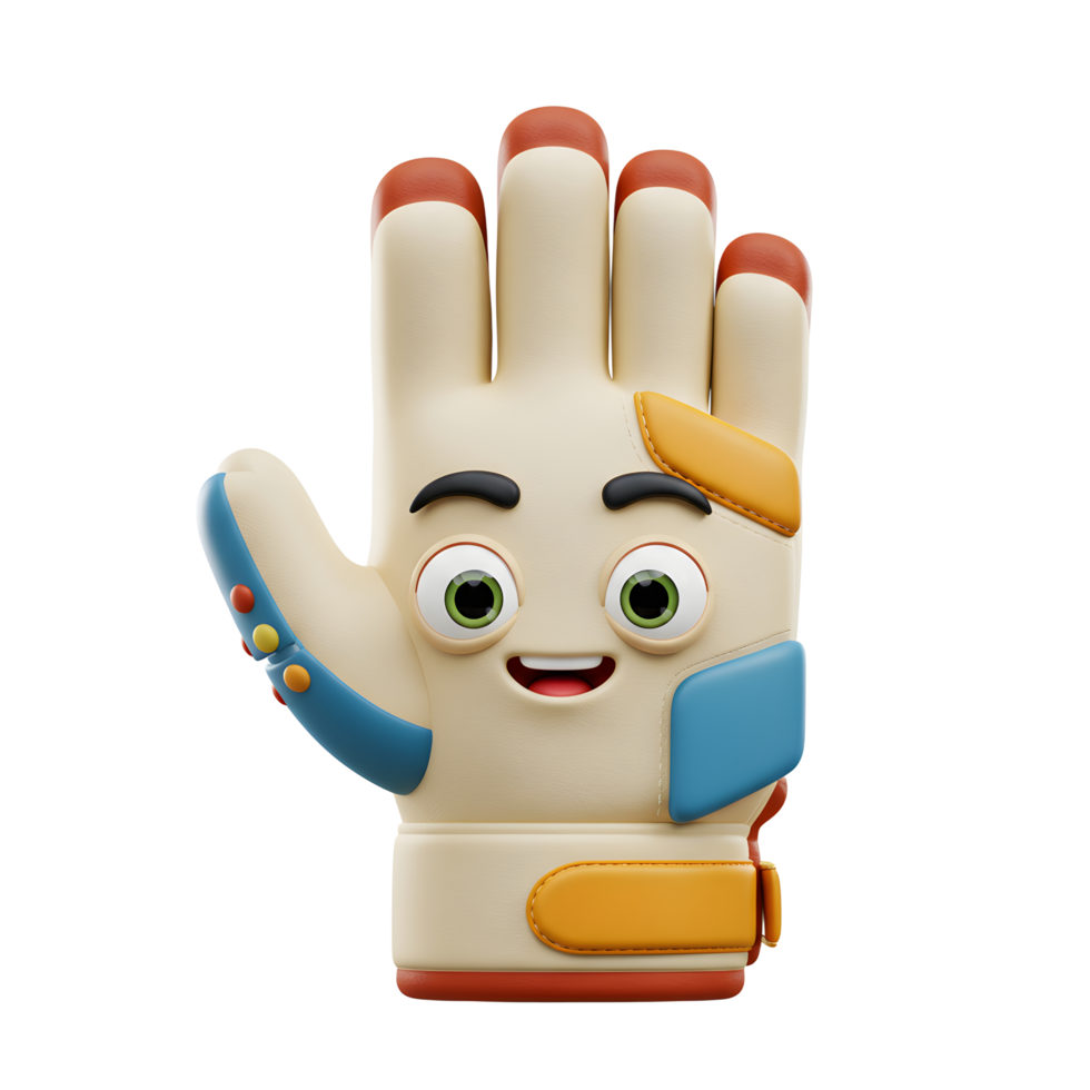 A friendly cartoon goalkeeper glove waves hello Its bright colors and happy face create a joyful and playful mood. Perfect for kids png